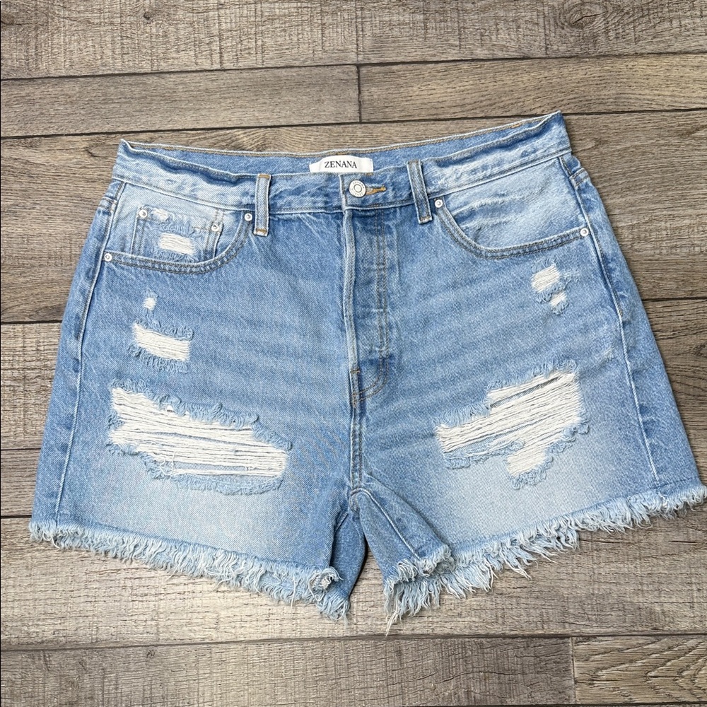 Zenana Outfitters Light Blue Distressed Denim Shorts